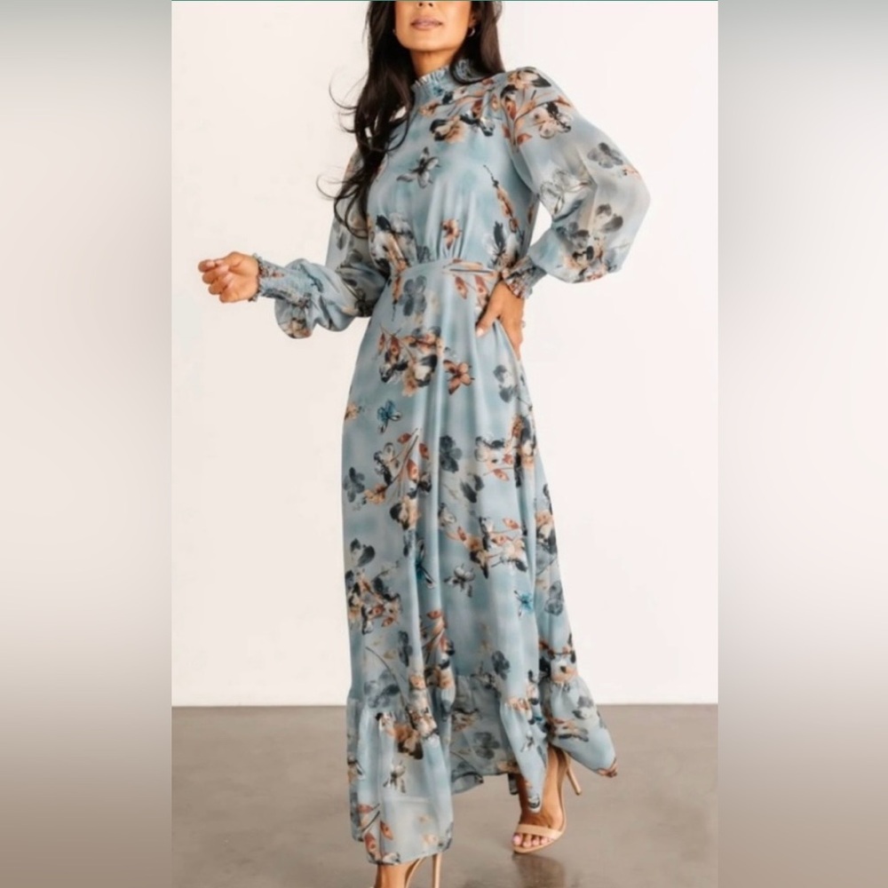Baltic born floral lined maxi dress, ruffle neck, long sleeves flowy large,